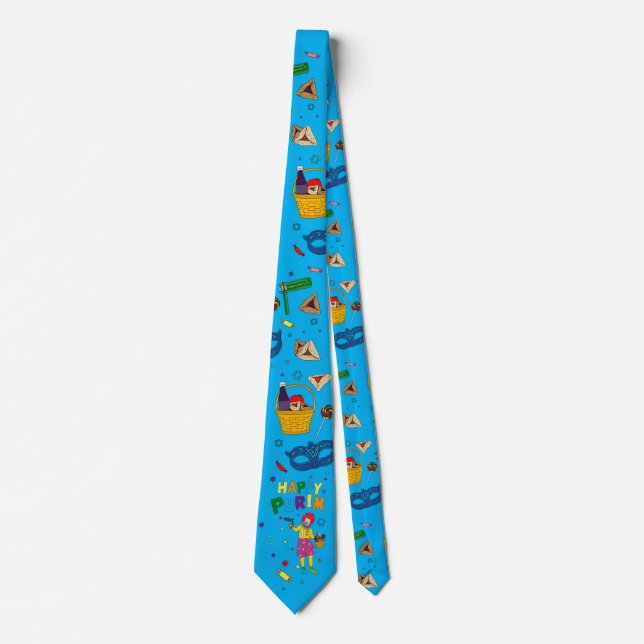 Happy Purim Neck Tie - Blue (Front)