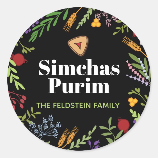  Happy Purim Personalized Round Sticker on Black (Front)