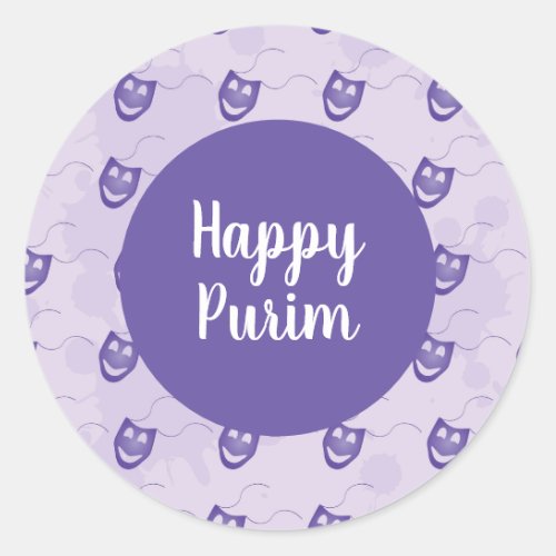 Happy Purim _ Purple happy funny mask pattern Classic Round Sticker