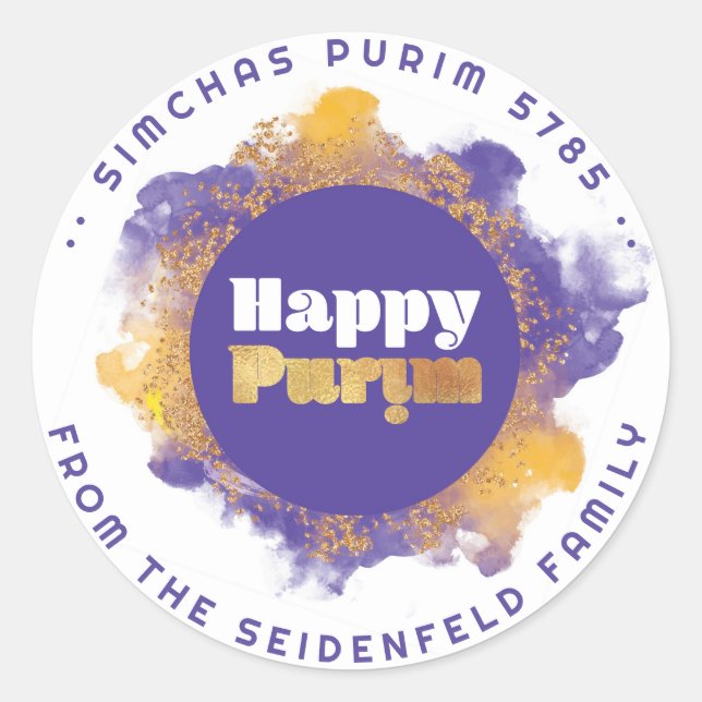  Happy Purim Purple Personalized Monogram Classic  Classic Round Sticker (Front)