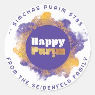  Happy Purim Purple Personalized Monogram Classic  Round Sticker