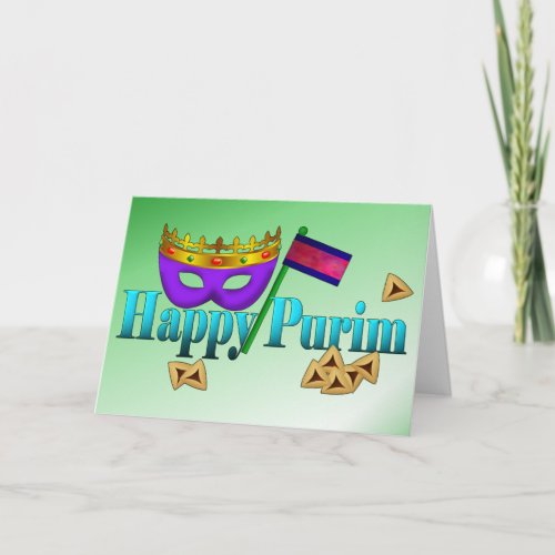 Happy Purim with Mask Gragger and Hamentaschen Card