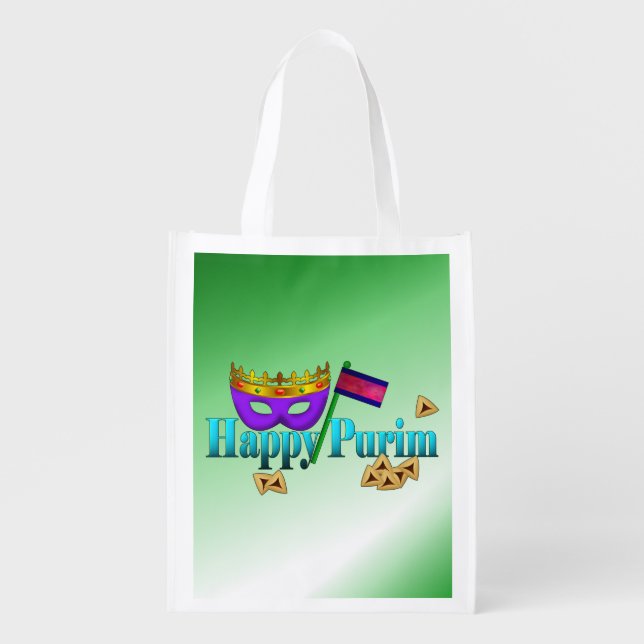 Happy Purim with Mask, Gragger, and Hamentaschen Reusable Grocery Bag (Front)