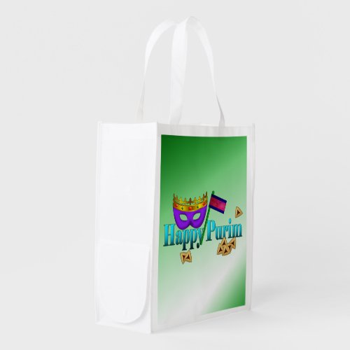 Happy Purim with Mask Gragger and Hamentaschen Reusable Grocery Bag