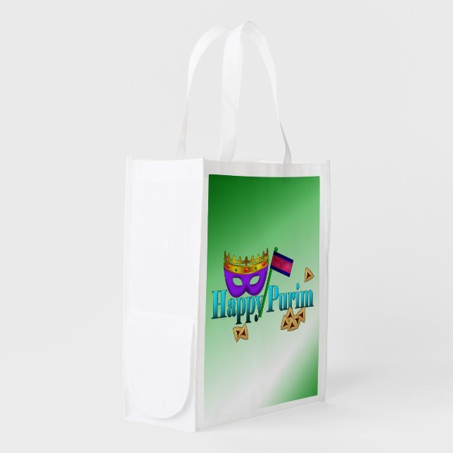 Happy Purim with Mask, Gragger, and Hamentaschen Reusable Grocery Bag (Front Side)