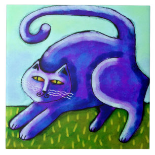Happy Purple Cat Abstract Painting Ceramic Tile