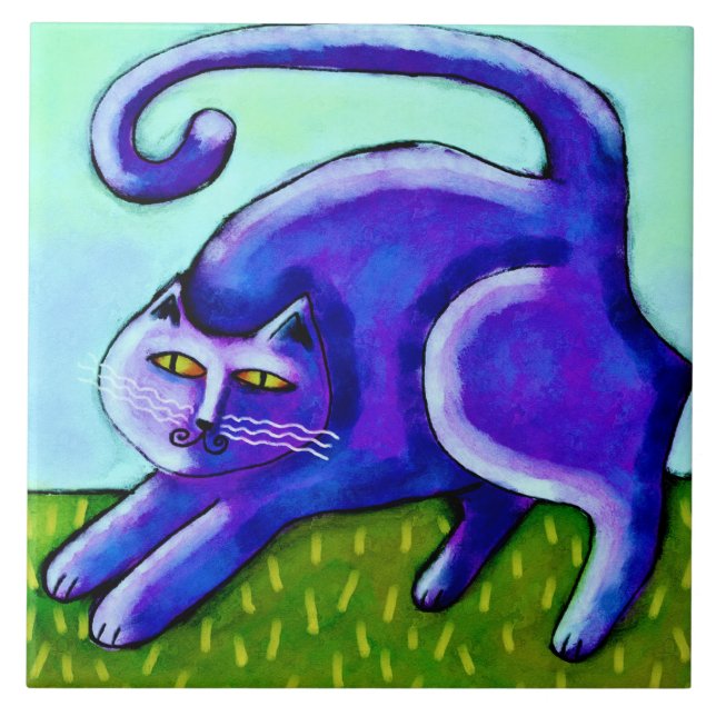 Happy Purple Cat Abstract Painting Ceramic Tile (Front)