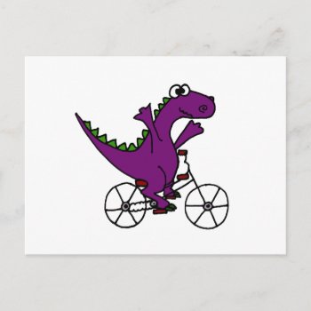 Happy Purple Dinosaur Riding Bicycle Postcard by patcallum at Zazzle