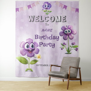 Happy Purple Flowers Birthday Party Backdrop