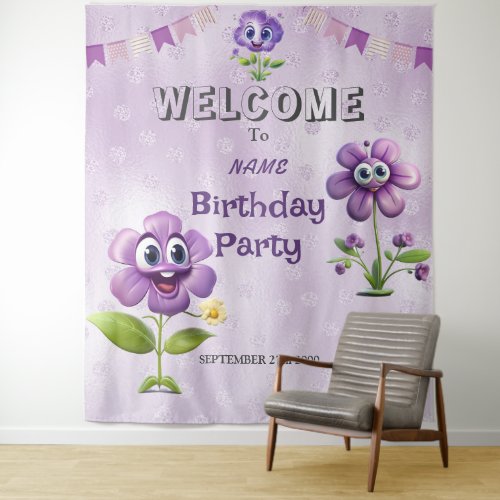 Happy Purple Flowers Birthday Party Backdrop
