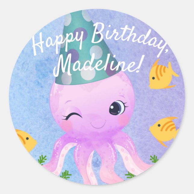 Happy Purple Octopus Birthday  Classic Round Sticker (Front)