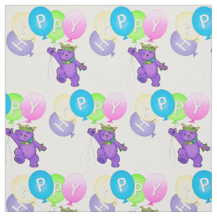 Happy Purple Teddy Bear Princess with Balloons Fabric