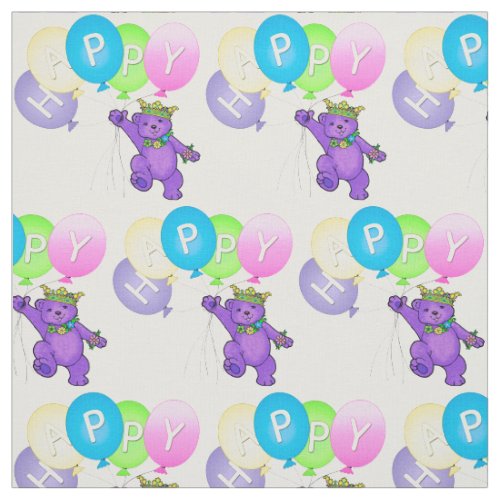 Happy Purple Teddy Bear Princess with Balloons Fabric