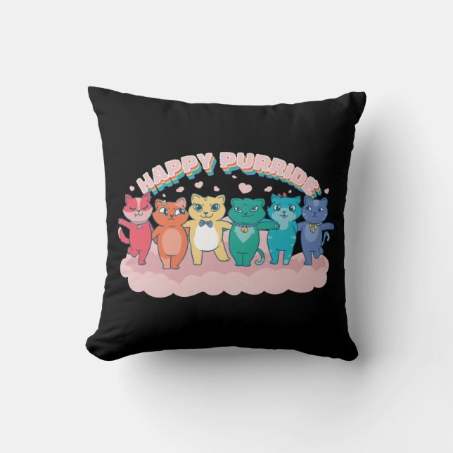 Happy Purride Rainbow LGBTQ Cats  Throw Pillow (Front)