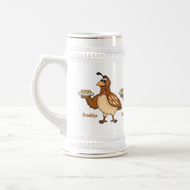Happy quail with eggs cartoon beer stein (Left)