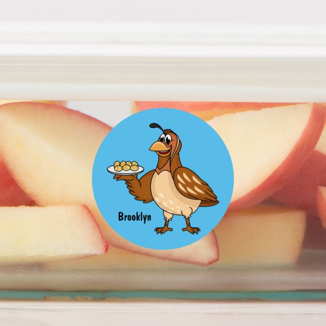 Happy quail with eggs cartoon labels (Affixed)