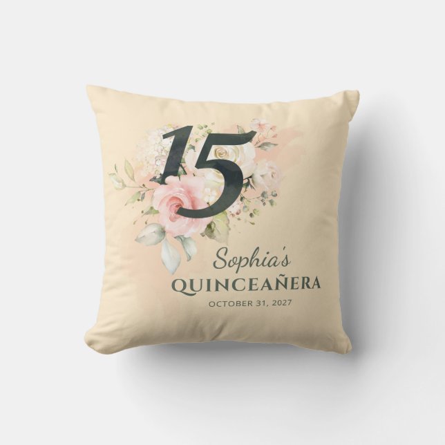 Happy Quinceanera Pink Floral Rustic 15th Birthday Throw Pillow (Front)