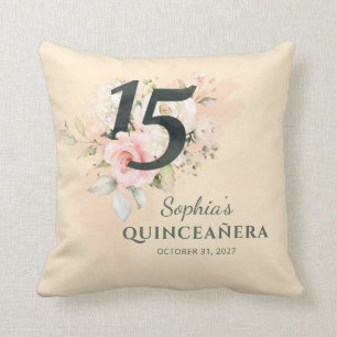 Happy Quinceanera Pink Floral Rustic 15th Birthday Throw Pillow