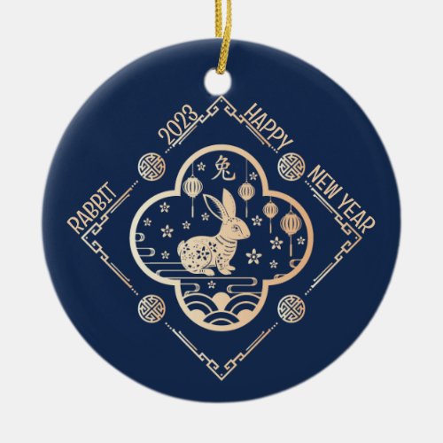 Happy Rabbit Chinese New Year 2023 Gold Blue       Ceramic Ornament