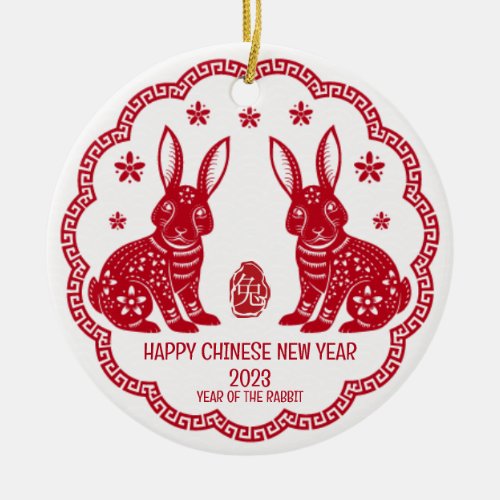 Happy Rabbit Chinese New Year 2023 Red Paper Cut Ceramic Ornament