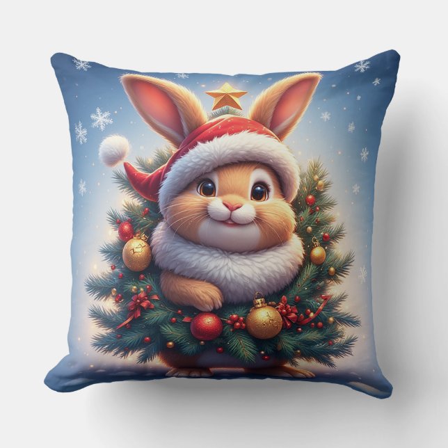 Happy Rabbit in Santa Hat  Throw Pillow (Front)