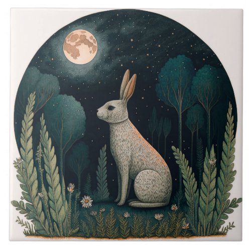 Happy Rabbit in the Moonlight Ceramic Tile