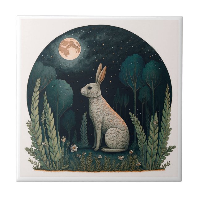 Happy Rabbit in the Moonlight Ceramic Tile (Front)