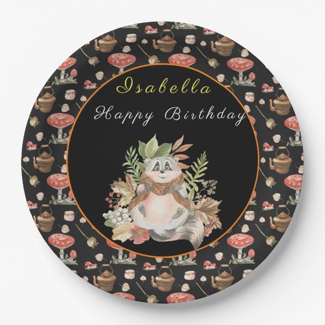 Happy Raccoon Customize Text and Color Paper Plates (Front)