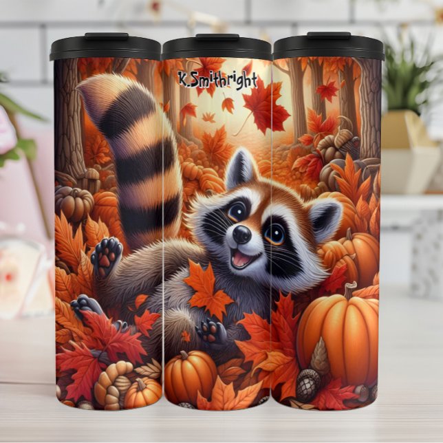  Happy Raccoon in Autumn Leaves and Pumpkins Thermal Tumbler (Creator Uploaded)