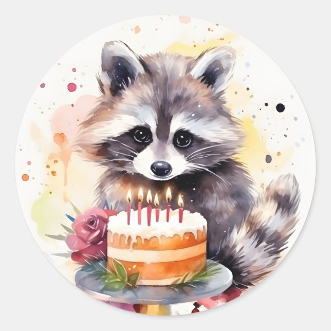 Happy Raccoon with Birthday cake Classic Round Sticker (Front)