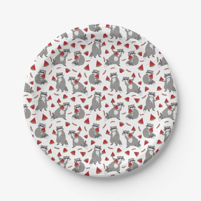 Happy raccoon with watermelon paper plates (Front)