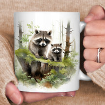 Happy Raccoons Woodland Scene