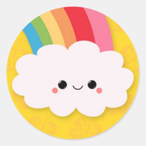 Happy Rainbow Cloud on Yellow Classic Round Sticker