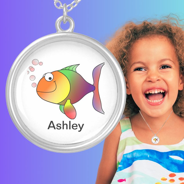 Happy Rainbow Fish Cartoon Add Name Silver Plated Necklace (Scraggly Cat Cartoon Add Name Silver Plated Necklace)