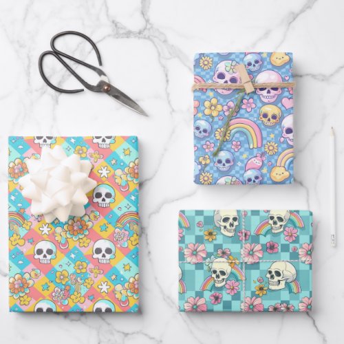 Happy Rainbow Flower Skull Goth Colorful Wrapping Paper Sheets