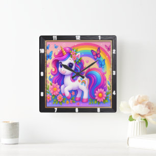 Happy Rainbow Unicorn Floral Square Wall Clock