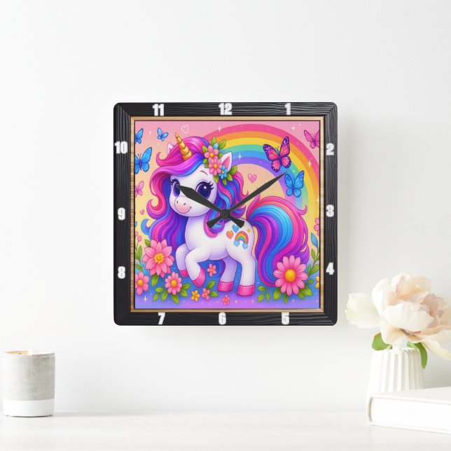 Happy Rainbow Unicorn Floral Square Wall Clock (Home)