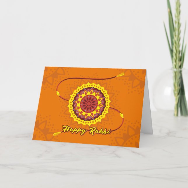 Happy Raksha Bandhan, orange, yellow wristband Card (Front)