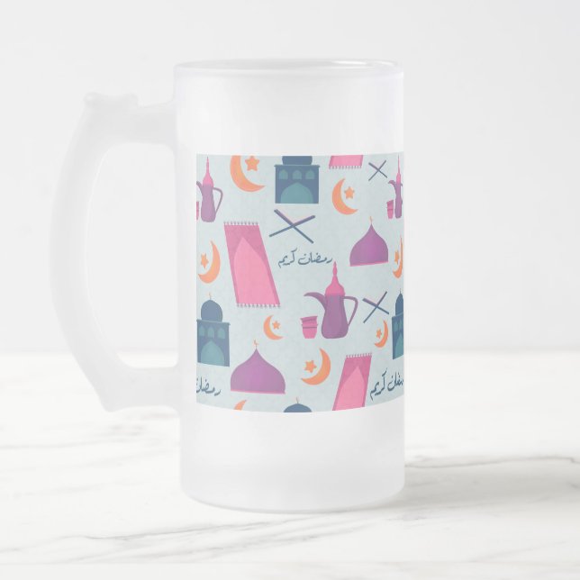 Happy Ramadan Pattern Frosted Glass Beer Mug (Left)