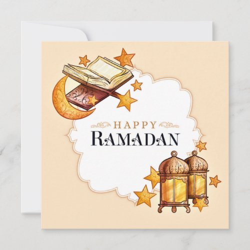 Happy Ramadan Watercolor Islamic Crescent  Quran  Holiday Card