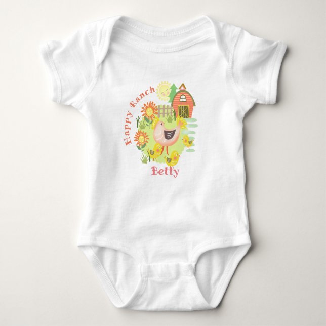 Happy Ranch Chicken Hen. Personalized.  Baby Bodysuit (Front)
