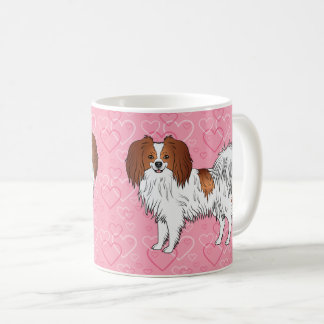 Happy Red And White Phalène Dog On Pink Hearts Coffee Mug