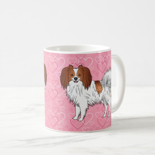 Happy Red And White Phalne Dog On Pink Hearts Coffee Mug