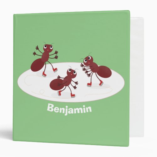 Happy red ants ice skating cartoon 3 ring binder