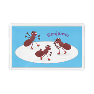 Happy red ants ice skating cartoon acrylic tray