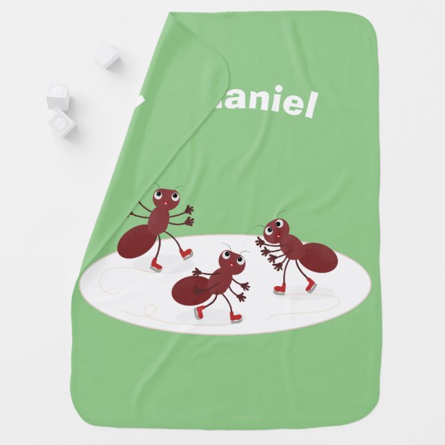 Happy red ants ice skating cartoon baby blanket (In Situ)
