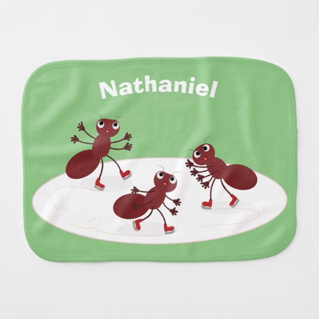 Happy red ants ice skating cartoon baby burp cloth (Front Horizontal)
