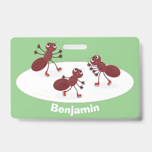 Happy red ants ice skating cartoon badge