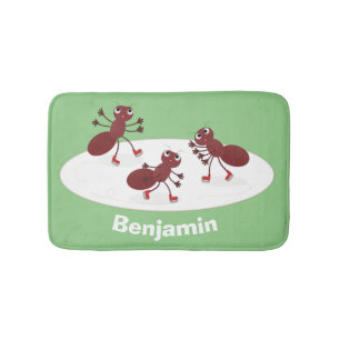 Happy red ants ice skating cartoon bath mat