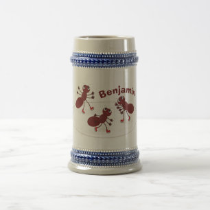 Happy red ants ice skating cartoon beer stein